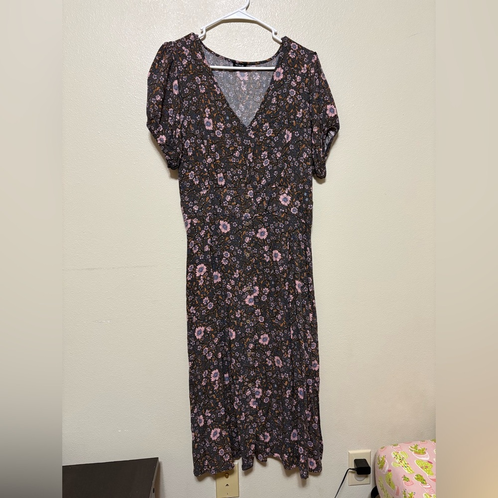 Cotton On Black and Pink Floral Midi Dress